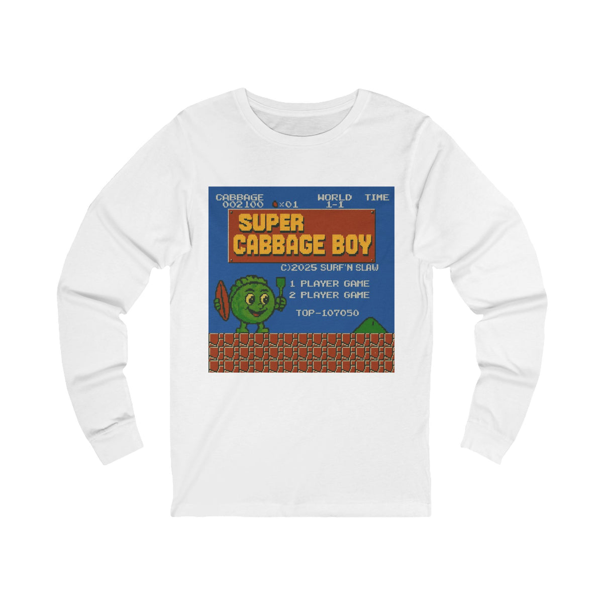 Super Cabbage Boy Long Sleeve Tee — Retro Pixel Video Game Shirt