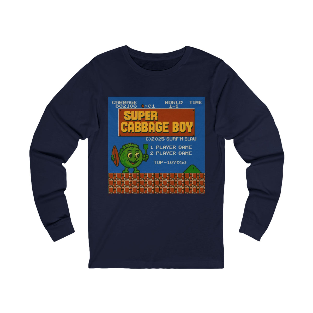 Super Cabbage Boy Long Sleeve Tee — Retro Pixel Video Game Shirt