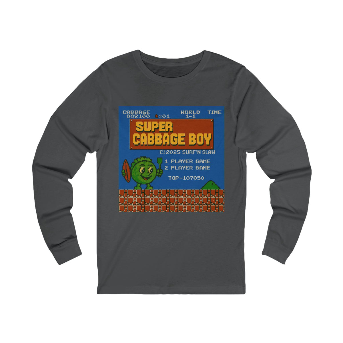 Super Cabbage Boy Long Sleeve Tee — Retro Pixel Video Game Shirt