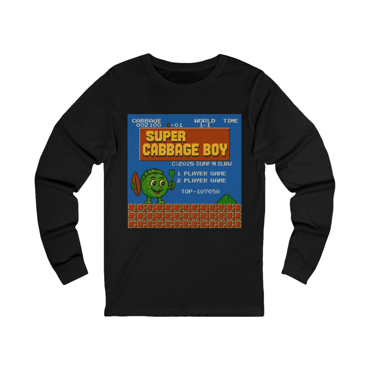 Super Cabbage Boy Long Sleeve Tee — Retro Pixel Video Game Shirt
