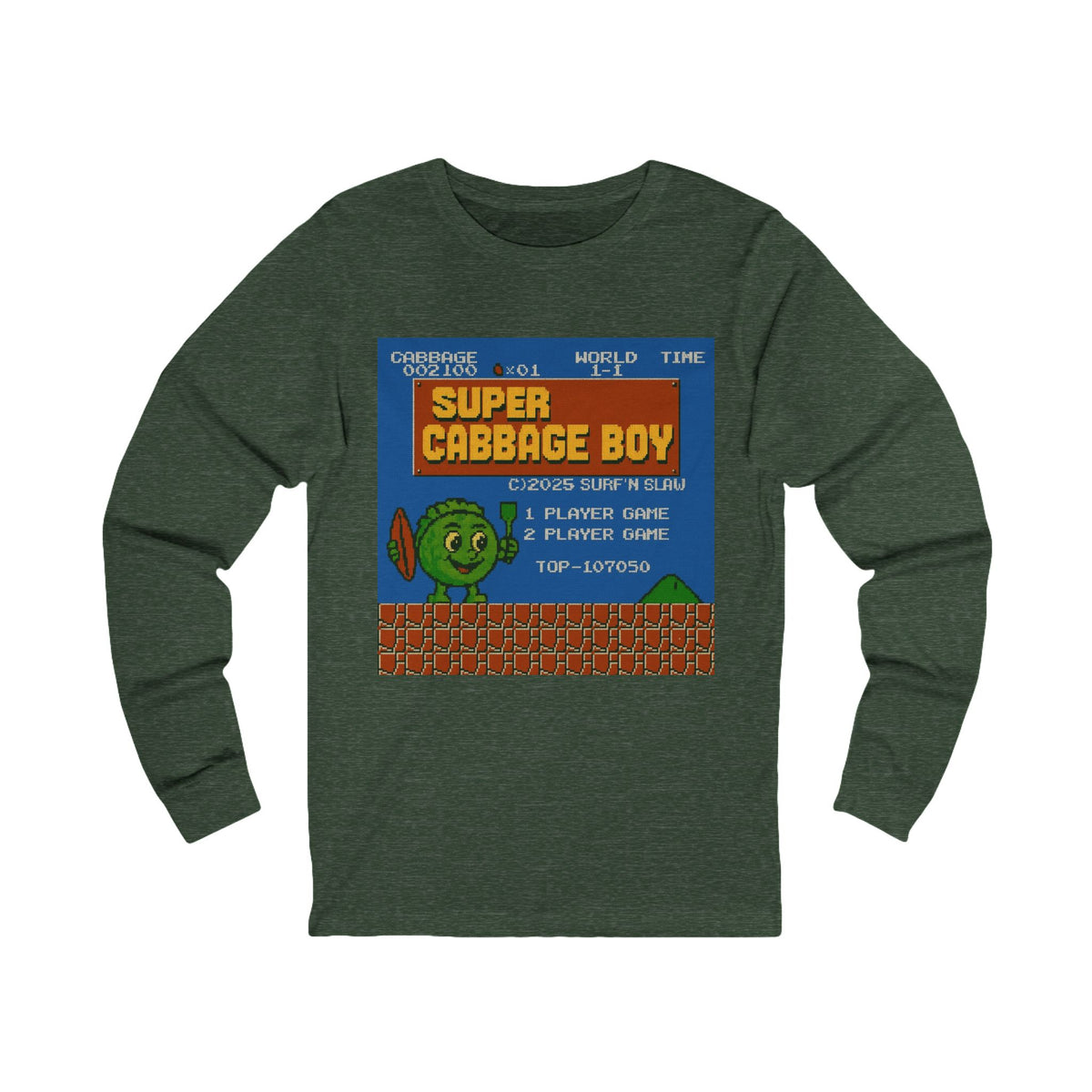Super Cabbage Boy Long Sleeve Tee — Retro Pixel Video Game Shirt